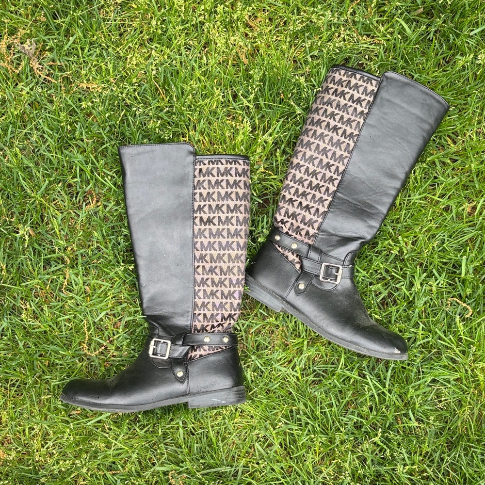 Michael Kors Black and Brown MK Logo Tall Leather Boots